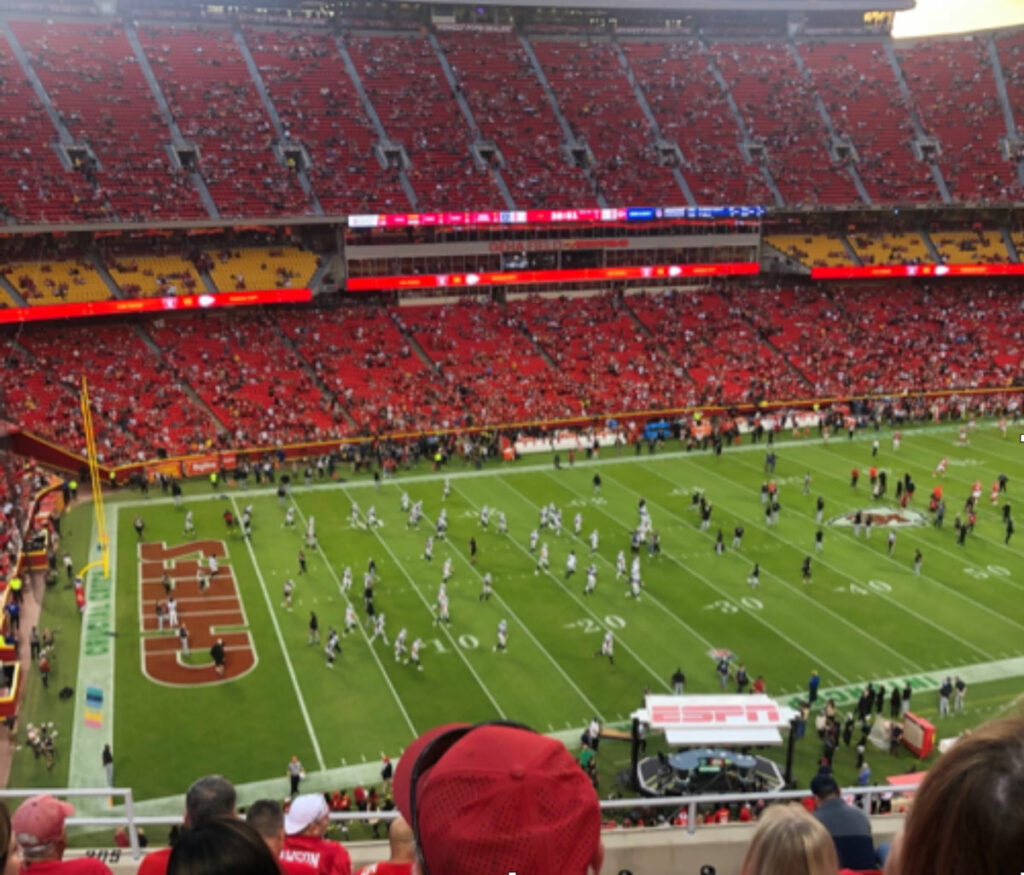 Professional NFL players warming up as a team pre-game. 